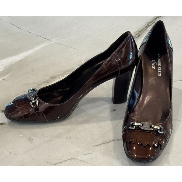 ANNE KLEIN iflex AKPFENNIING BROWN PATENT LEATHER BLOCK HEEL SZ 8.5M - Picture 3 of 10